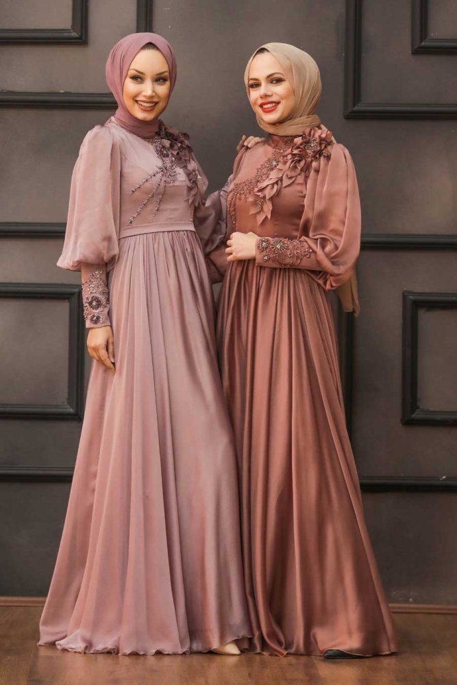 Tesettürlü Abiye Elbise -Robe de soirée islamique en cuivre 21960BKR - 4