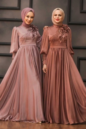 Tesettürlü Abiye Elbise -Robe de soirée islamique en cuivre 21960BKR - 5
