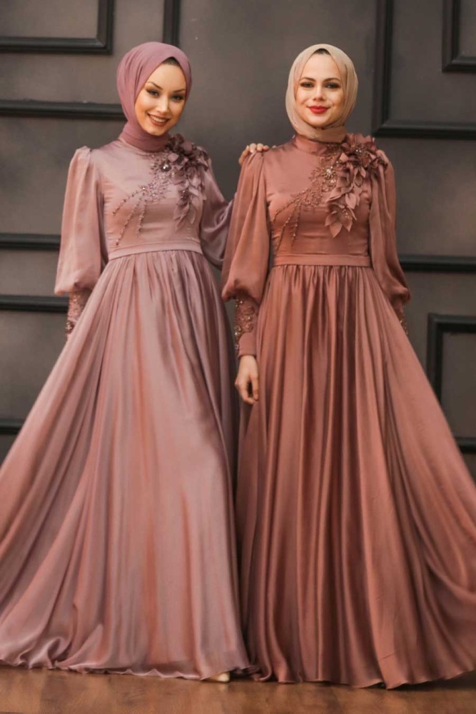 Tesettürlü Abiye Elbise -Robe de soirée islamique en cuivre 21960BKR - 5