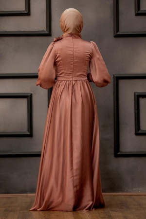 Tesettürlü Abiye Elbise -Robe de soirée islamique en cuivre 21960BKR - 6