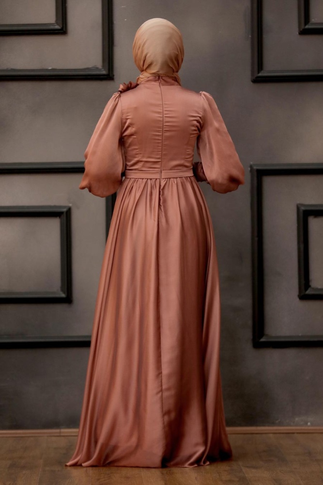 Tesettürlü Abiye Elbise -Robe de soirée islamique en cuivre 21960BKR - 6
