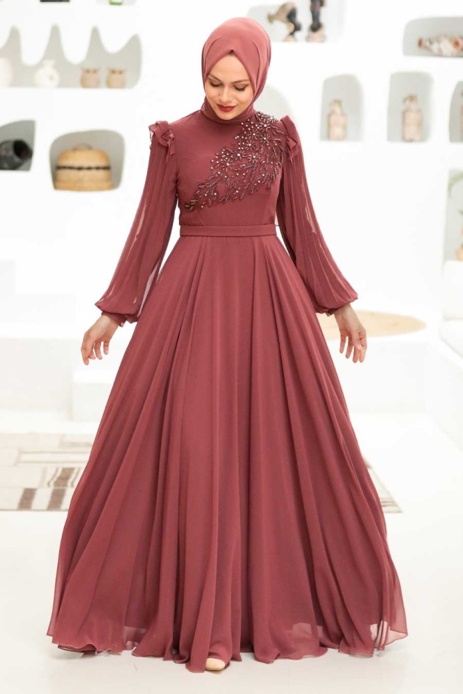 Tesettürlü Abiye Elbise - Robe de soirée islamique en cuivre 22110BKR - 1