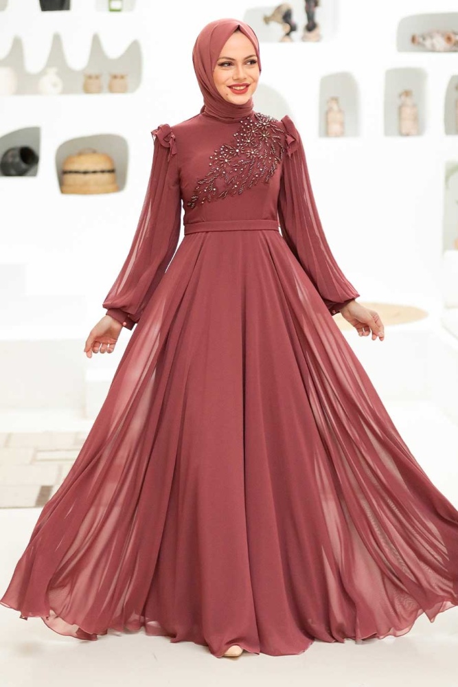 Tesettürlü Abiye Elbise - Robe de soirée islamique en cuivre 22110BKR - 2