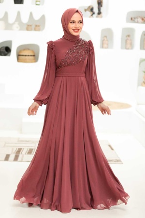 Tesettürlü Abiye Elbise - Robe de soirée islamique en cuivre 22110BKR - 3