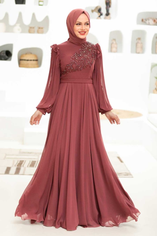Tesettürlü Abiye Elbise - Robe de soirée islamique en cuivre 22110BKR - 3