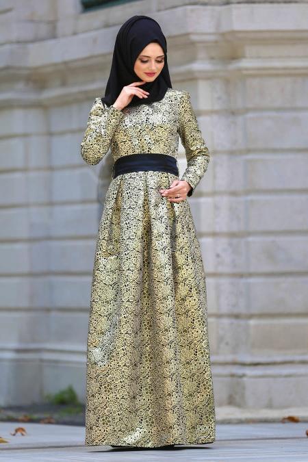 Tesettürlü Abiye Elbise -Robe de soirée islamique en jacquard noir 82452S - 1