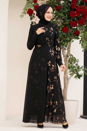 Tesettürlü Abiye Elbise - Robe de soirée islamique en or 32430GOLD - 3