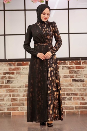 Tesettürlü Abiye Elbise - Robe de soirée islamique en or 32431GOLD - 2