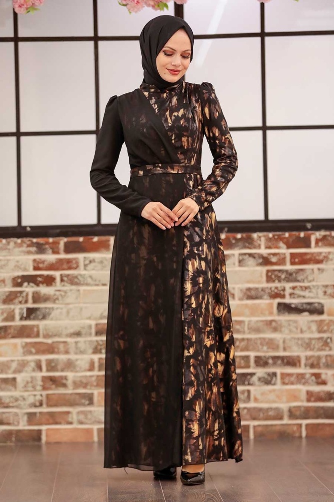 Tesettürlü Abiye Elbise - Robe de soirée islamique en or 32431GOLD - 2