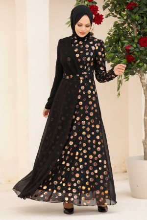 Tesettürlü Abiye Elbise - Robe de soirée islamique en or 32432GOLD - 1