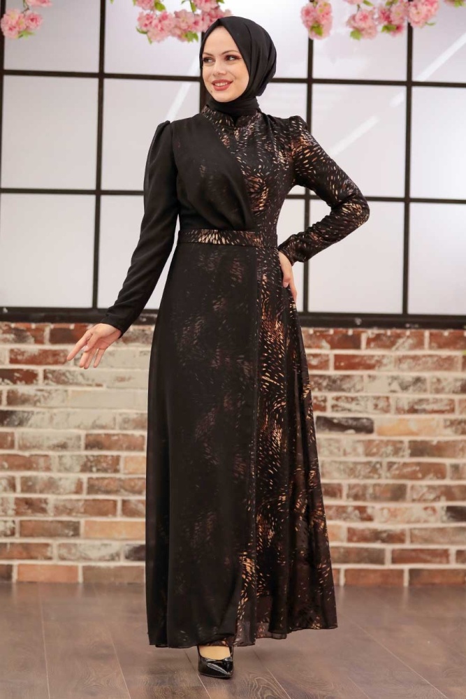 Tesettürlü Abiye Elbise - Robe de soirée islamique en or 3243GOLD - 2