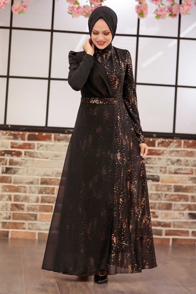 Tesettürlü Abiye Elbise - Robe de soirée islamique en or 3243GOLD - 1