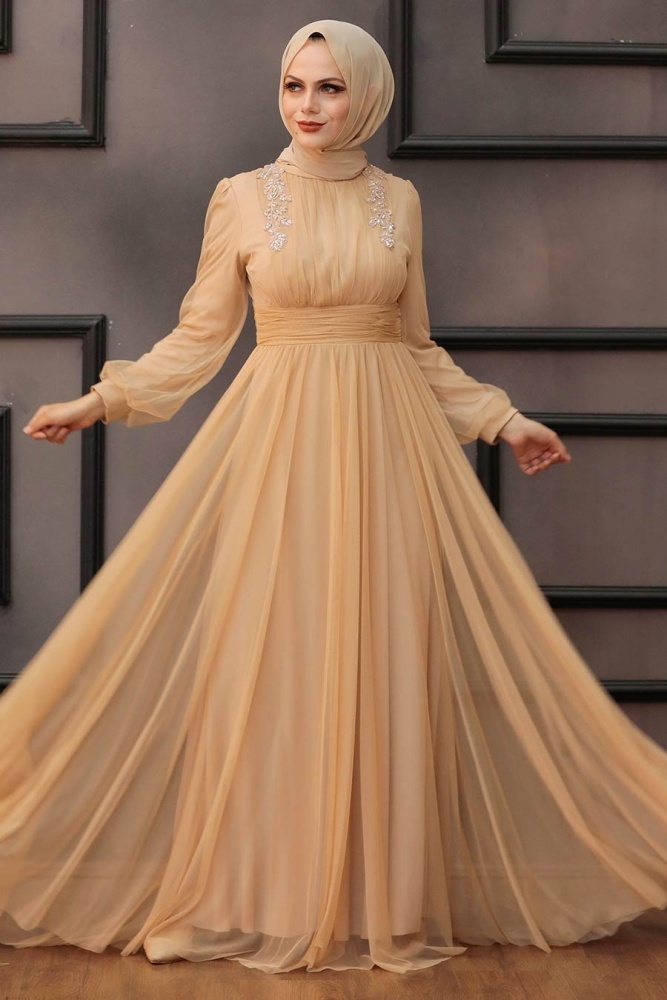 Tesettürlü Abiye Elbise - Robe de soirée islamique en or 4348GOLD - 3