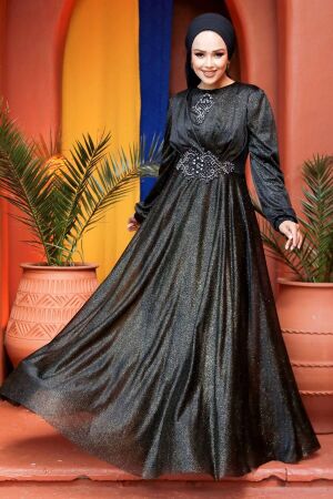Robe de soirée longue et couvrante à fils scintillants – Doré 50151GOLD - 1