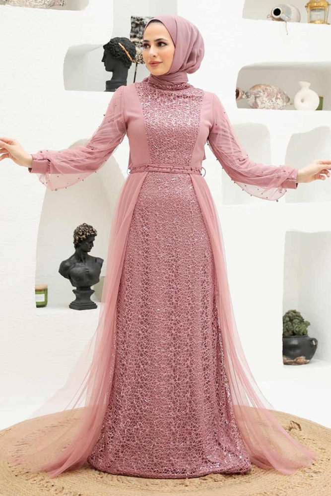 Robe de soirée longue et couvrante ornée de sequins brodés – Rose poudré 5632PD - 2
