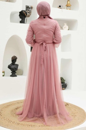 Robe de soirée longue et couvrante ornée de sequins brodés – Rose poudré 5632PD - 3