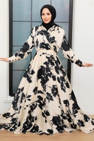 Tesettürlü Abiye Elbise - Robe de Soirée Islamique en Satin Beige 34101BEJ - Thumbnail