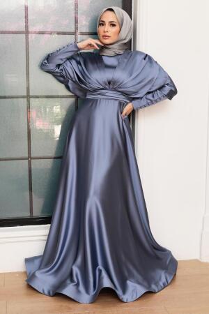 Tesettürlü Abiye Elbise - Robe de Soirée Islamique en Satin Bleu 22470M - 2