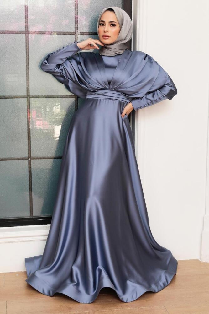 Tesettürlü Abiye Elbise - Robe de Soirée Islamique en Satin Bleu 22470M - 2