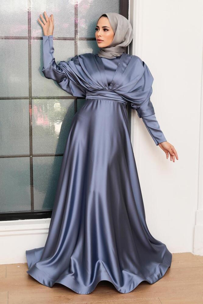 Tesettürlü Abiye Elbise - Robe de Soirée Islamique en Satin Bleu 22470M - 1