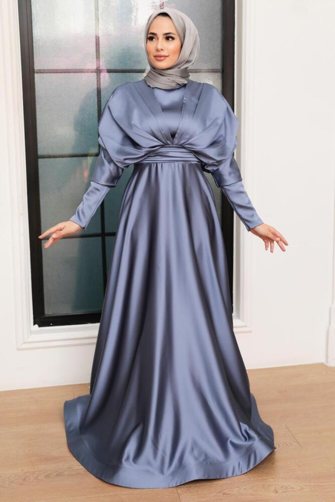 Tesettürlü Abiye Elbise - Robe de Soirée Islamique en Satin Bleu 22470M - 3