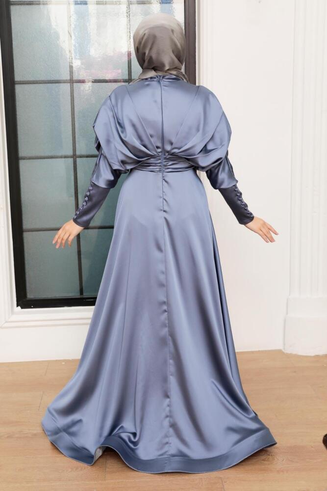 Tesettürlü Abiye Elbise - Robe de Soirée Islamique en Satin Bleu 22470M - 4