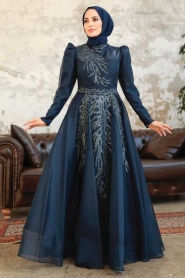 Tesettürlü Abiye Elbise - Robe de soirée islamique en satin bleu marine 2268L - Thumbnail