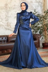 Tesettürlü Abiye Elbise - Robe de Soirée Islamique en Satin Bleu Marine 22881L - Thumbnail