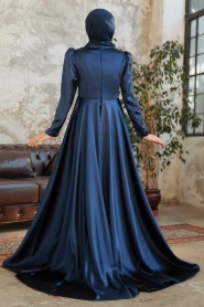 Tesettürlü Abiye Elbise - Robe de Soirée Islamique en Satin Bleu Marine 22881L - Thumbnail