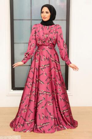 Tesettürlü Abiye Elbise - Robe de Soirée Islamique en Satin Cerise 3438VSN - 1