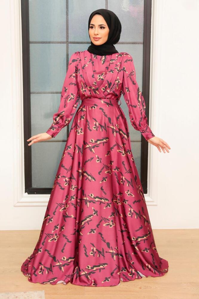 Tesettürlü Abiye Elbise - Robe de Soirée Islamique en Satin Cerise 3438VSN - 1