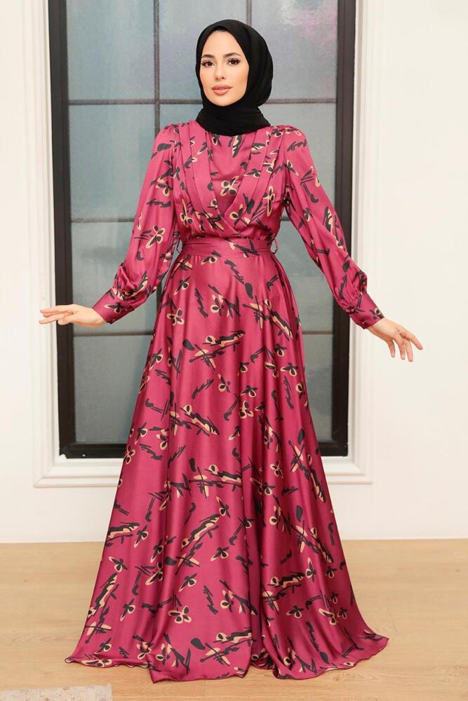 Tesettürlü Abiye Elbise - Robe de Soirée Islamique en Satin Cerise 3438VSN - 2