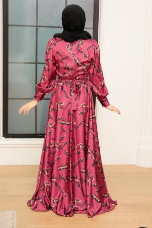 Tesettürlü Abiye Elbise - Robe de Soirée Islamique en Satin Cerise 3438VSN - 3