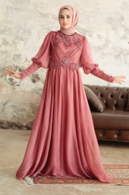 Tesettürlü Abiye Elbise - Robe de soirée islamique en satin de rose séchée 25822GK - Thumbnail