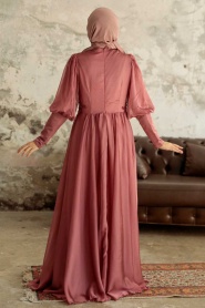 Tesettürlü Abiye Elbise - Robe de soirée islamique en satin de rose séchée 25822GK - Thumbnail