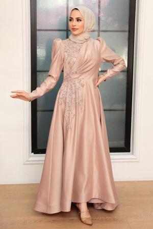 Tesettürlü Abiye Elbise - Robe de soirée islamique en satin de vison 22460V - 1
