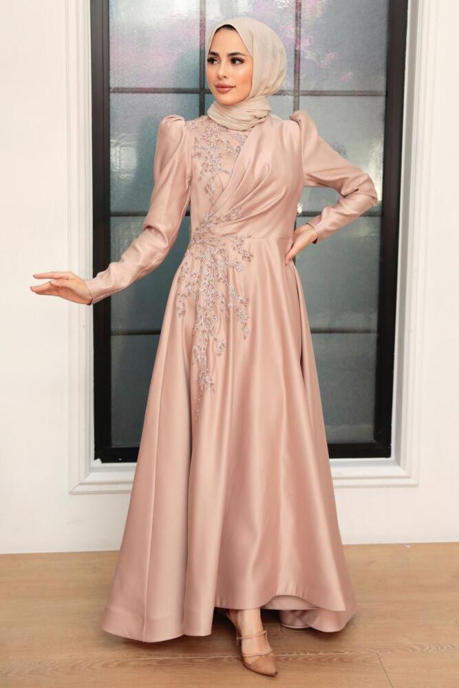 Tesettürlü Abiye Elbise - Robe de soirée islamique en satin de vison 22460V - 1