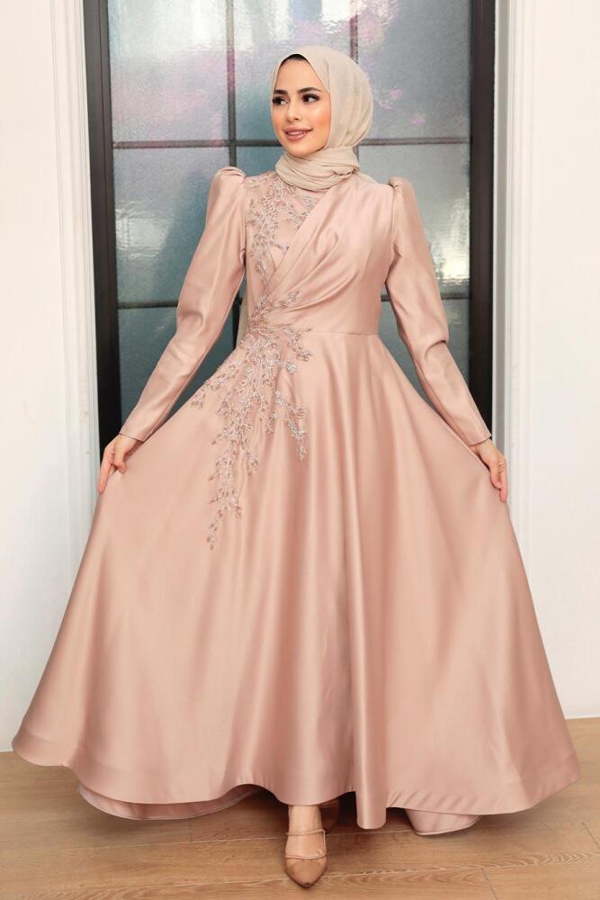 Tesettürlü Abiye Elbise - Robe de soirée islamique en satin de vison 22460V - 2