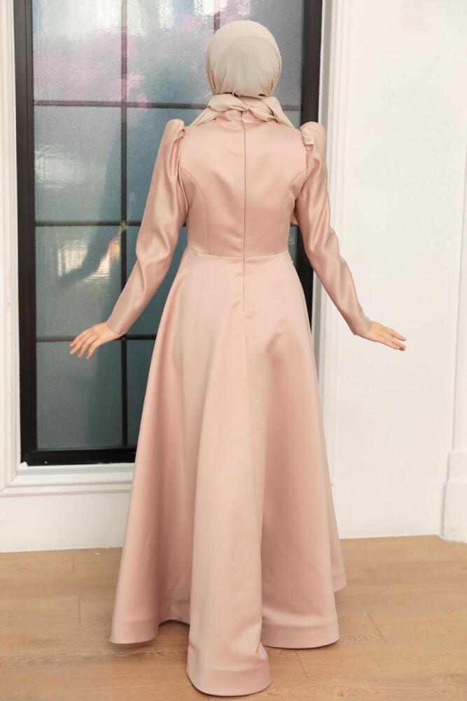 Tesettürlü Abiye Elbise - Robe de soirée islamique en satin de vison 22460V - 3