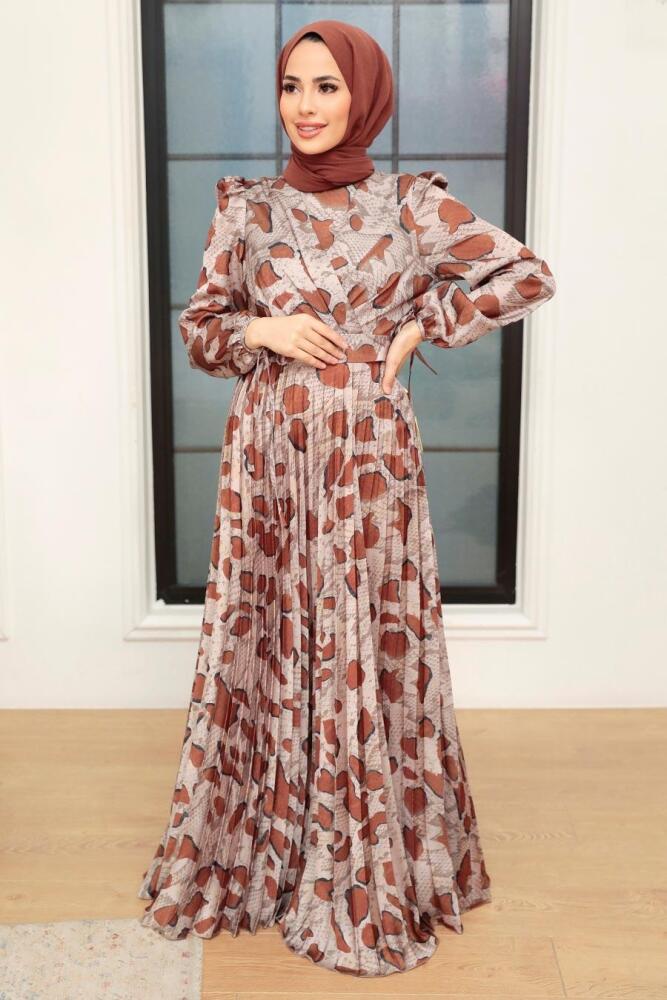 Tesettürlü Abiye Elbise - Robe de soirée islamique en satin de vison 34530V - 1