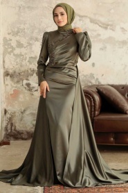 Tesettürlü Abiye Elbise - Robe de soirée islamique en satin kaki 22881HK - Thumbnail