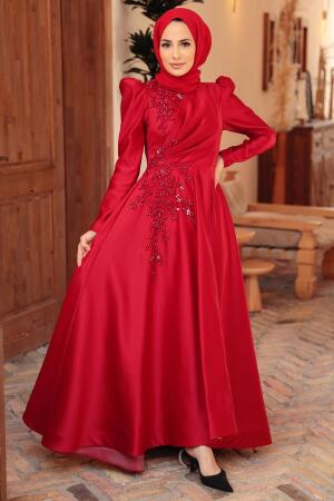 Tesettürlü Abiye Elbise - Robe de soirée islamique en satin rouge 22460K - 1