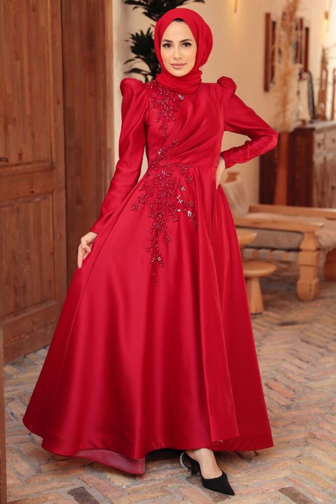 Tesettürlü Abiye Elbise - Robe de soirée islamique en satin rouge 22460K - 1
