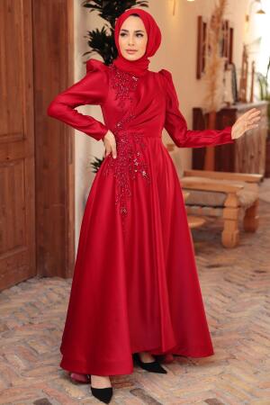 Tesettürlü Abiye Elbise - Robe de soirée islamique en satin rouge 22460K - 2