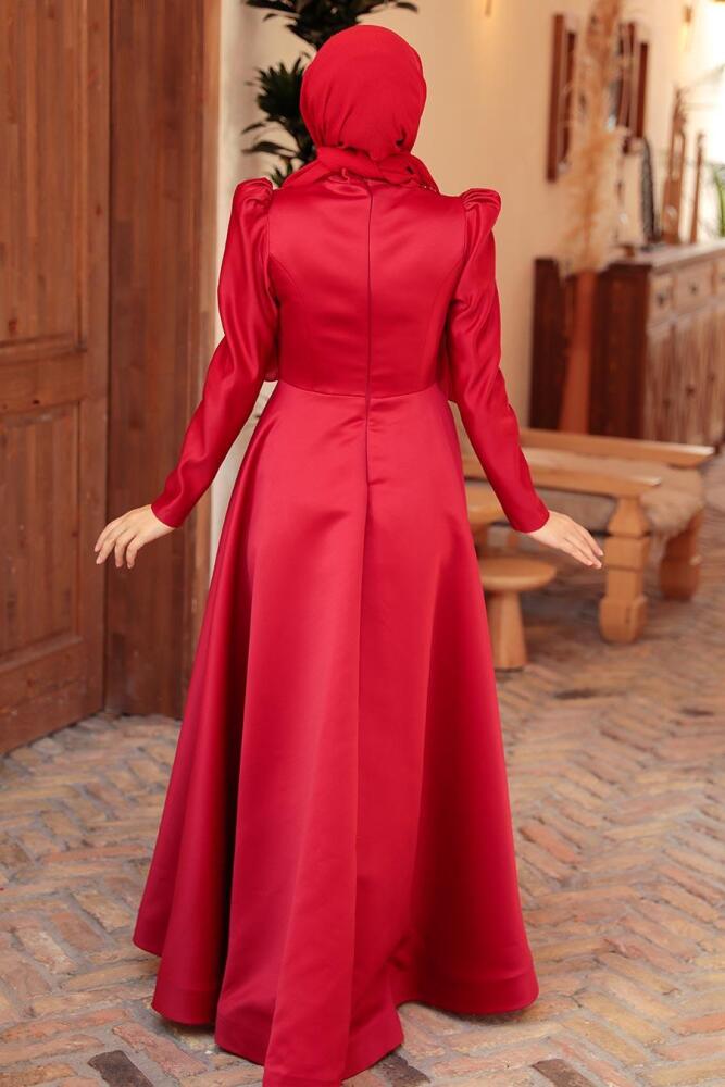 Tesettürlü Abiye Elbise - Robe de soirée islamique en satin rouge 22460K - 3