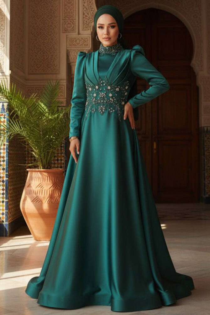 Tesettürlü Abiye Elbise - Robe de Soirée Islamique en Satin Vert 22640Y - 1