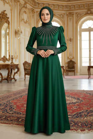 Tesettürlü Abiye Elbise - Robe de Soirée Islamique en Satin Vert 22840Y - 1