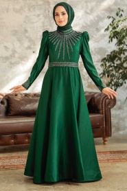 Tesettürlü Abiye Elbise - Robe de Soirée Islamique en Satin Vert 22840Y - Thumbnail