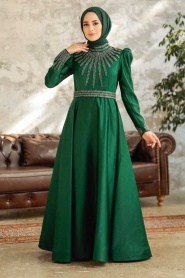 Tesettürlü Abiye Elbise - Robe de Soirée Islamique en Satin Vert 22840Y - Thumbnail