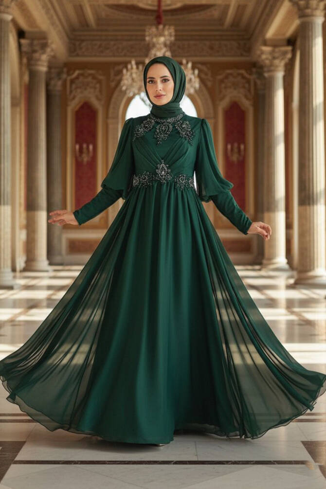 Tesettürlü Abiye Elbise - Robe de Soirée Islamique en Satin Vert 25822Y - 1